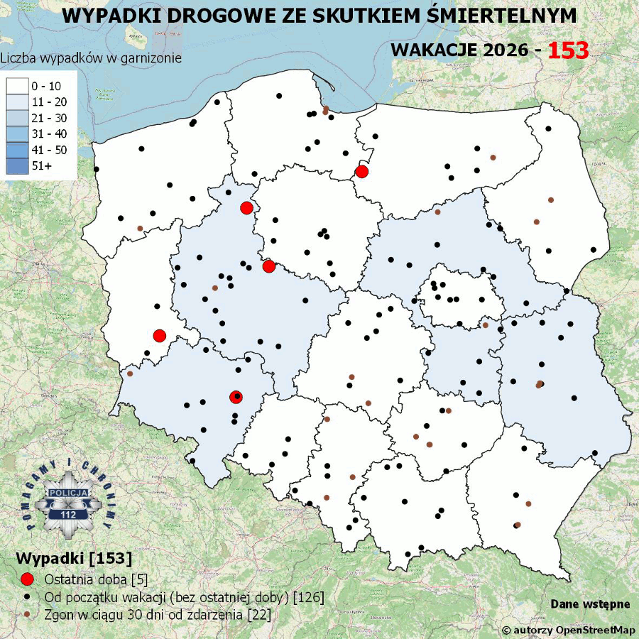 Mapa prezentująca liczbę wypadków poprzedniej doby w Polsce. Prezentowane dane są dostępne w tekście poniżej.